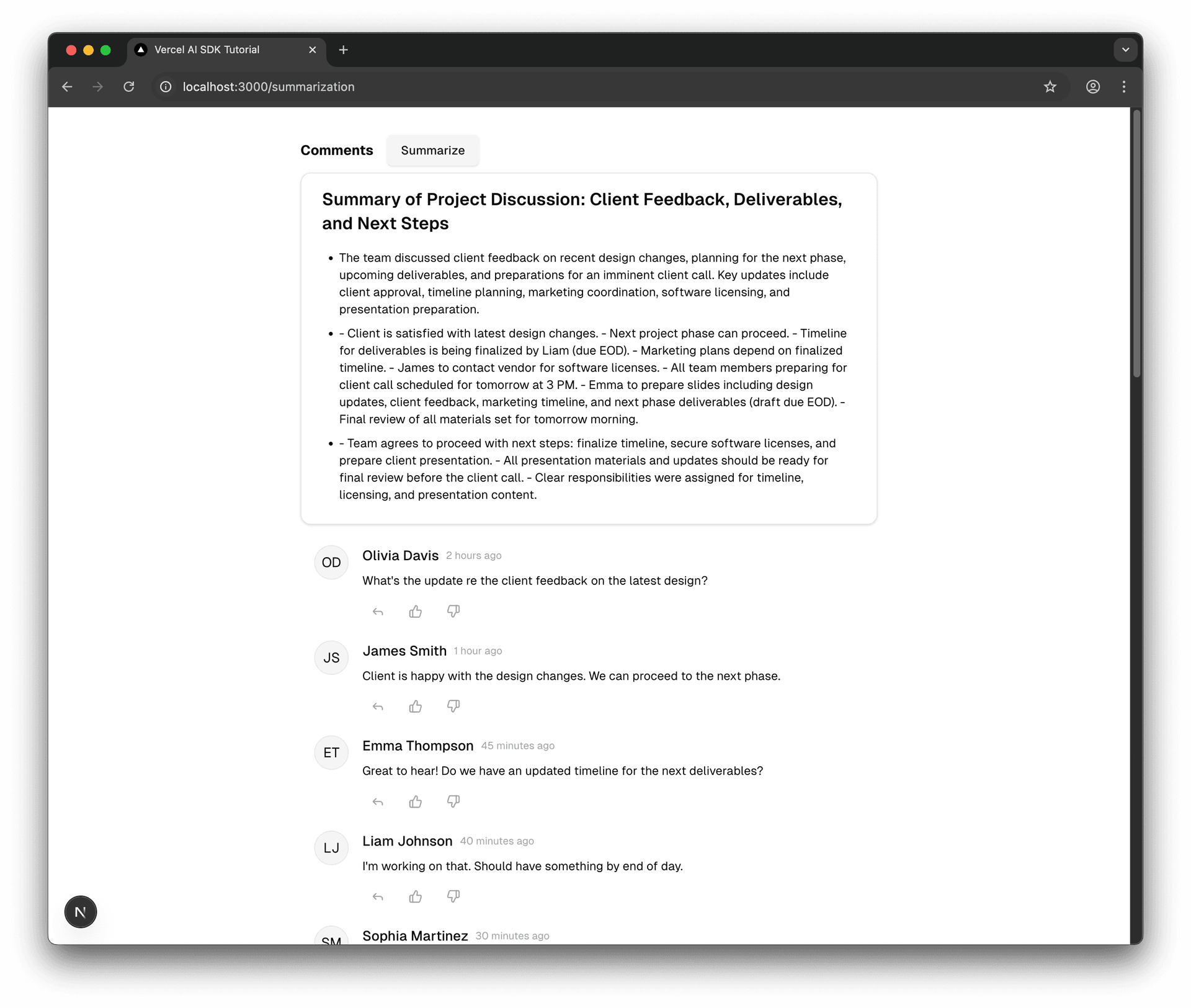 Screenshot of the '/summarization' page showing summarized comments