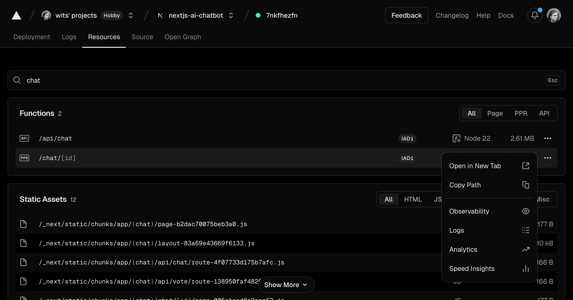 Example of a deployment resources page with a search applied.