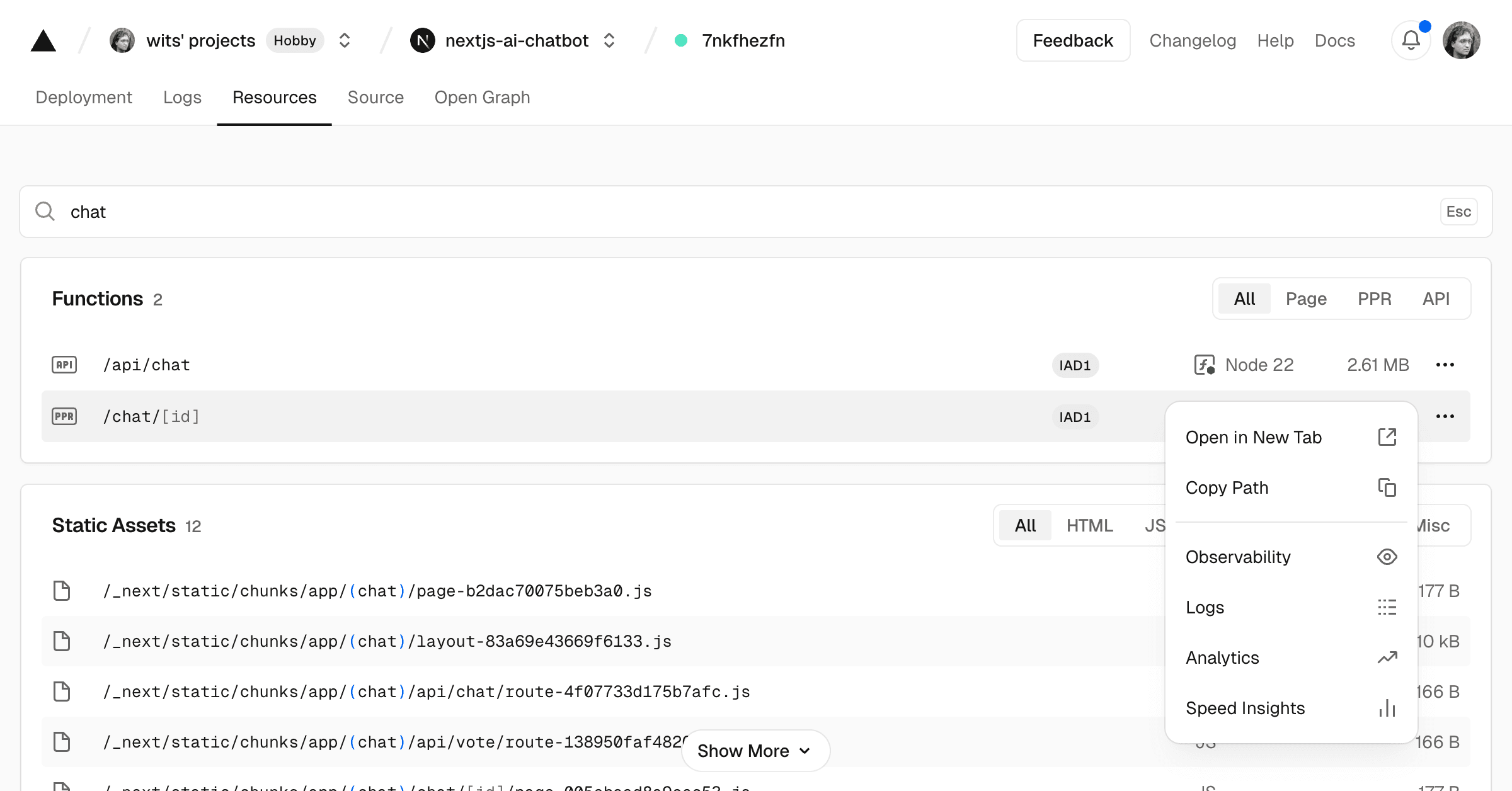 Example of a deployment resources page with a search applied.