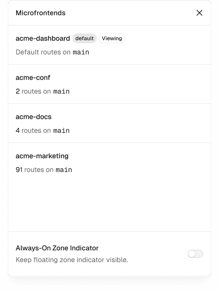 Panel in the Toolbar showing all microfrontends.
