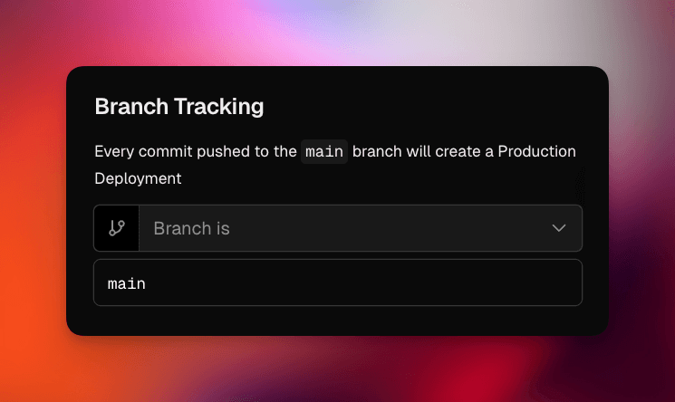 The Production Branch fieldset in the Vercel dashboard.